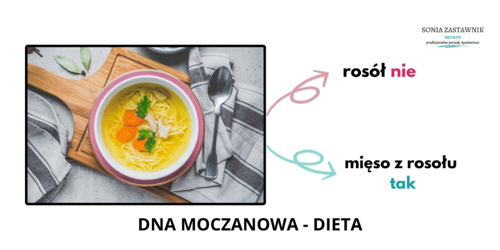 Rosół jako potrawa niepolecana na diecie przy dnie moczanowej oraz mięso z rosło, które zawiera mniej puryn (przechodzą one do wody).